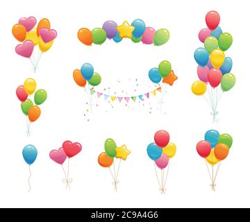 Cartoon birthday balloons. Party decorations for birthday, anniversary, celebration, event design,wedding. Vector flat design Stock Vector