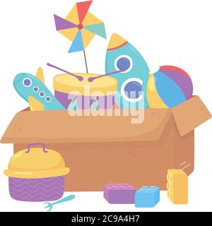 rocket plane ball blocks toys object for small kids to play cartoon in cardboard box vector illustration Stock Vector