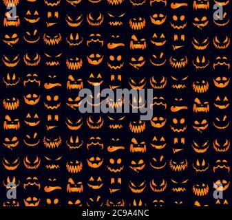 Seamless pattern with orange halloween pumpkins carved faces silhouettes. Can be used for scrapbook digital paper, textile print, page fill. Vector Stock Vector
