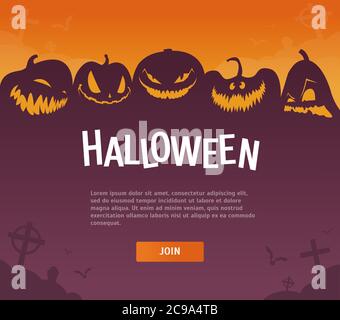 Happy Halloween poster of pumpkin on graveyard. Halloween holiday greeting card. Vector illustration. Stock Vector