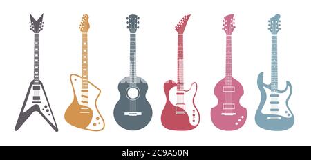 Flat guitars. Acoustic guitar, electric guitar on white background. Isolated stylish art. Vector set. Stock Vector