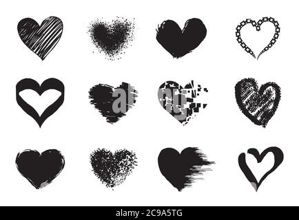 Heart hand drawn icons set. Grunge stamps collection. love Shapes for your design. Textured Valentine's Day signs. Stock Vector