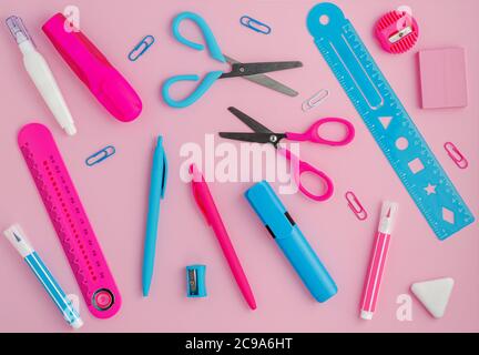 Stationery background on pink. School supplies, studying concept Stock Photo