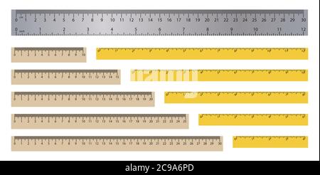 Realistic rulers. Measuring tool. School supplies. Double sided measurement in cm and inches. Vector illustration Stock Vector