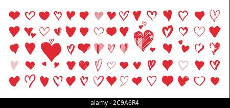 Grunge hearts. Design elements for valentine day. Hand drawn red heart. Vector illustration isolated on white background. Stock Vector