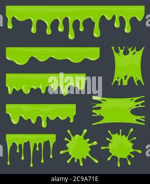 Green slime. Halloween ooze, mucus isolated vector set. Illustration of splatter and dribble, spot and drop, slime and blob. Stock Vector