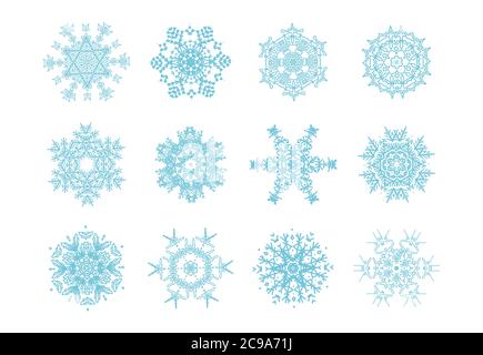 Snowflakes collection. Winter blue christmas snow flake crystal element. Christmas and new year decoration element set. Stock Vector