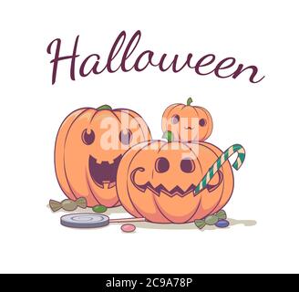 Halloween pumpkins illustration. Pumpkins with sweets banner or party invitation background. Vector illustration Stock Vector