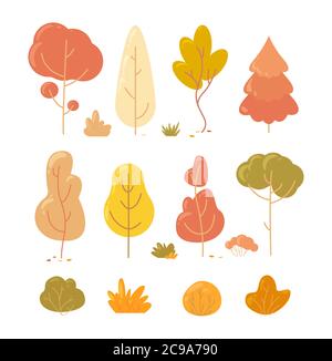 Vector autumn trees. Simple collection of autumn trees of different shapes. Vector illustration. Stock Vector