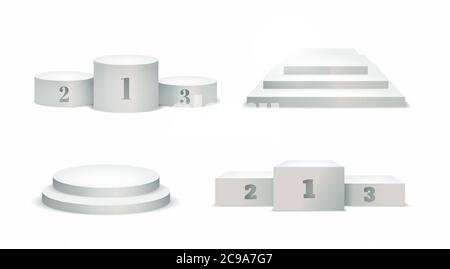 White winners podium. Round and square empty stages and podium stairs vector template. Vector set. Stock Vector