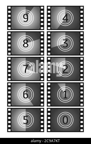 Movie countdown frame. Vintage silent film and blank full frame still photography film. Old film movie timer count. Vector illustration. Stock Vector