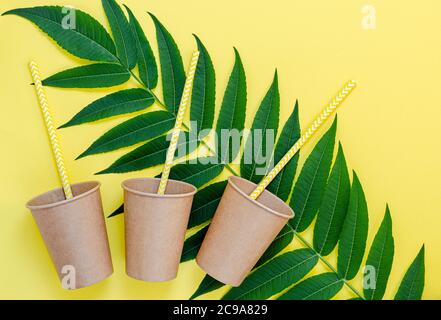 Eco paper cups with straws and green leaves on yellow backgroound. Plastic free lifestyle Stock Photo