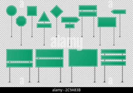 Green traffic signs. Blank board with place for text, horizontal warning danger way destination and stop city signage on metal steel isolated on Stock Vector