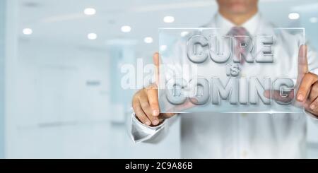 Medical researcher holding a glass screen and gigital cure for corona virus text on it. Medical laboratory background and large copy space. Stock Photo