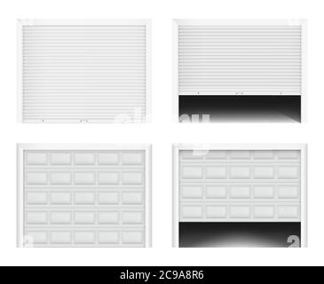 Roller garage gate. Secure roller shutters protect system, contemporary gate vector set. Realistic composition with opening door. Stock Vector