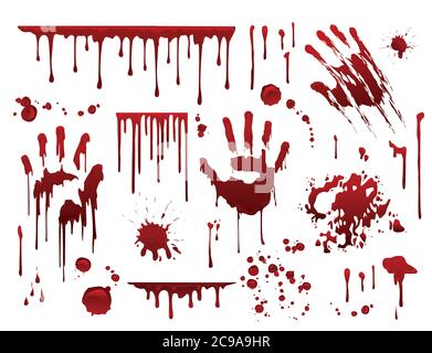 Dripping blood. Halloween bloody splatter spots and bleeding hand traces. Collection various red paint splatter, isolated on white background. Stock Vector