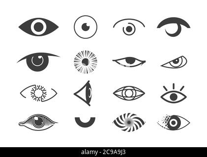 Eye icon set. Human organ of sight in different positions. Look and vision icons. Vector illustration isolated on white background. Stock Vector
