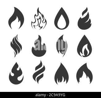 Fire icon. Simple black fire flames set isolated on white background. Collection of silhouette light effect elements for web. Vector illustration Stock Vector