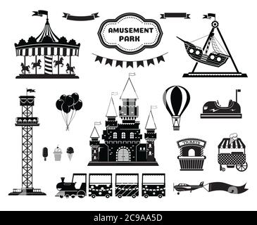 Amusement park silhouette icons set. Carnival funfair and ferris wheel emblem, label, badge. Amuse circus carousel, air balloon and castle. isolated Stock Vector