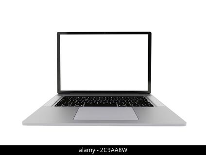 Silver laptop isolated, modern computer with white screen, isolated on white background. Stock Photo