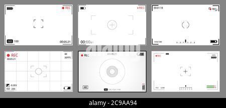 Photo camera viewfinders. Recording view frame, cinema rec viewing screen and dslr cam viewfinder. Stock Vector