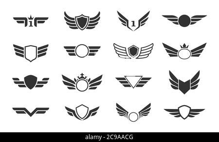 Wings vector collection. Winged emblems, frames, icons, angel and phoenix wings. Vector symbolic black wings isolated on white. Stock Vector