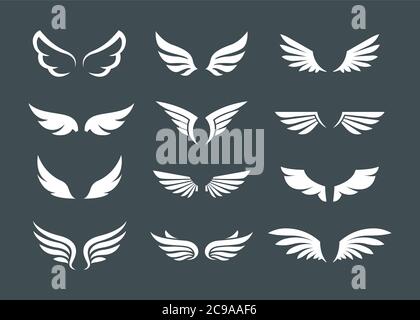 White wings. Set of open wings for badges and signs. Vector illustrations Stock Vector