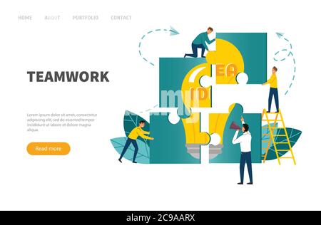 Teamwork concept. Banner people connecting puzzle elements.Vector illustration flat design style. Stock Vector