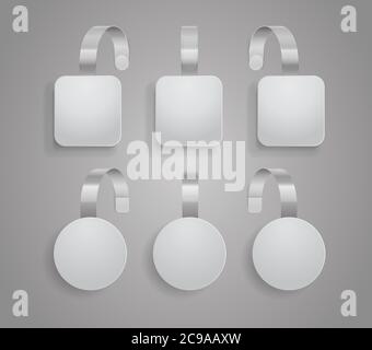 Wobbler template. Set of bended white blank wobblers round and square shapes. Stock Vector