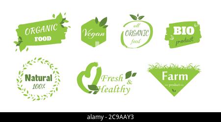 Organic food labels. Fresh eco vegetarian products set of Organic label and natural label green color design. Tag and sticker farm fresh logo. Vector Stock Vector