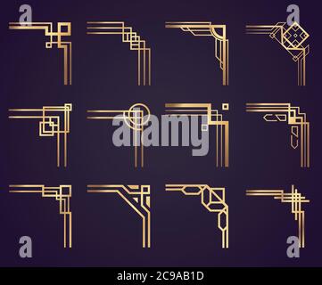 Art deco corner set.Creative template in style of 1920s for borders and frames. Vector illustration. Stock Vector