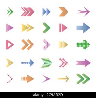 Set of colorful arrows. Rewind icons, cursor pointers, or web interface navigation or website cursor. Flat vector collection. Stock Vector