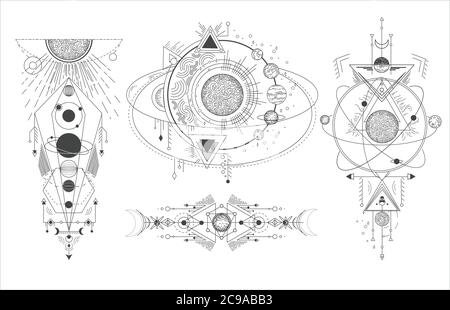 Vector set of sacred geometric symbols with moon, planet and arrows isolated on white background. Stock Vector