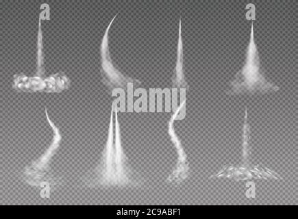 Smoke trail. Airplane condensation trails isolated on transparent background. White foggy aviation smoke clouds set. Rocket start trail smoky. Stock Vector