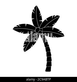 Palmtree silhouette isolated on white. Tropical, exotic palm tree illustration. Hawaii coco frond shape. Monochrome palm isolated. Single hawaiian jun Stock Vector