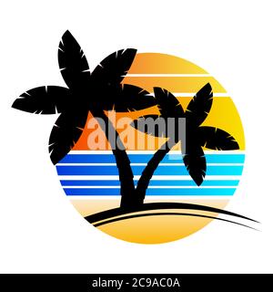 Palm tree sundown or sunrise paradise poster with stripes isolated on white. Enjoy hawaii trendy illustration. Minimalistic graphic palm for advertise Stock Vector