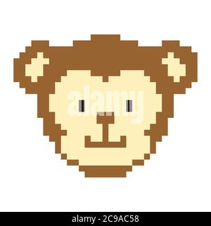 Pixel art monkey head. Cute ape for games and websites. Retro video/pc game character. Vector 8 bit game animal character isolated on white background Stock Vector