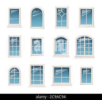 Vector collection of various white windows. Various types plastic windows collection. Interior and exterior elements Stock Vector