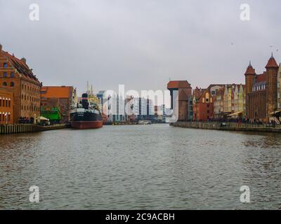 Gdansk old town. View of the Motława waterfront. Shot from the Green Bridge in Gdańsk. Stock Photo
