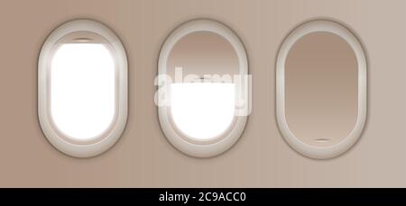 Open and closed window in plane. Gray airplane window, gray light template, plain aircraft window white space. Stock Vector