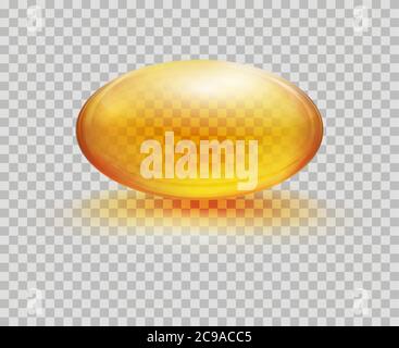 Oil capsule oval form. Cosmetic capsule of vitamin E, A or omega 3 oil. Vector realistic serum droplet of collagen essence isolated on transparent Stock Vector