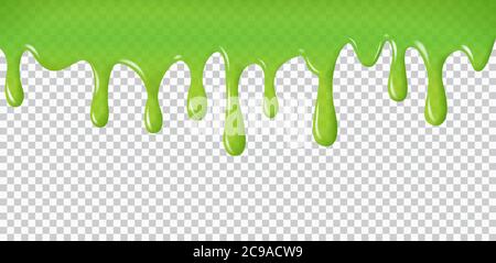 Realistic dripping slime. Green paint drips and flowing. Radioactive splashes liquid and blobs for halloween design isolated on transparent background Stock Vector