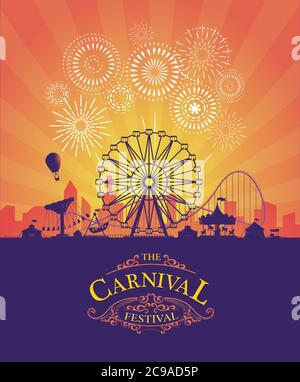 Vector background of amusement park. Poster design invitation of the carnival funfair and amusement with sunset. Ferris wheel, roller coaster and Stock Vector