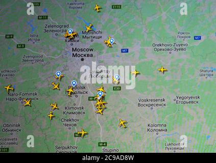 air traffic over Moscow, Russia (29 july 2020, UTC 12.02), on Internet with Flightradar 24 site, during the Coronavirus Pandemic