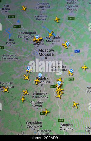 air traffic over Moscow, Russia (29 july 2020, UTC 12.02) on Internet with Flightradar 24 site, during the Coronavirus Pandemic