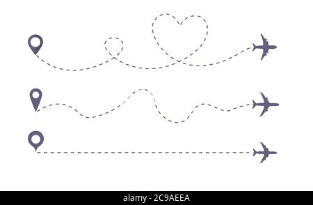Set of Airplane line path vector icon of air plane flight route. Vector love airplane route. Stock Vector