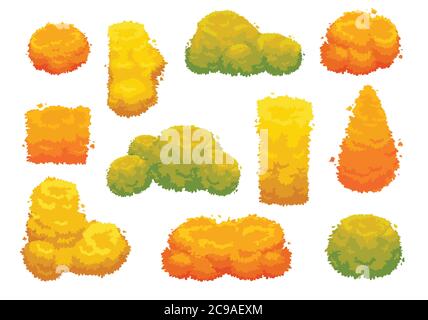 Colorful autumn bush. Cartoon shrubs for outdoor decorate landscape park. Vector isolated set. Stock Vector