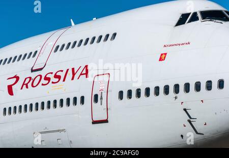 July 2, 2019, Moscow, Russia. Airplane Boeing 747 Rossiya Airlines at Vnukovo airport in Moscow. Stock Photo
