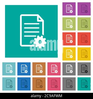 Document setup multi colored flat icons on plain square backgrounds. Included white and darker icon variations for hover or active effects. Stock Vector