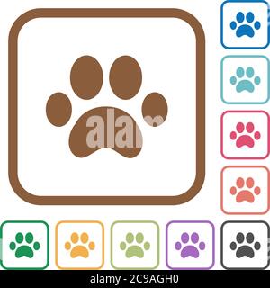 Paw prints simple icons in color rounded square frames on white background Stock Vector